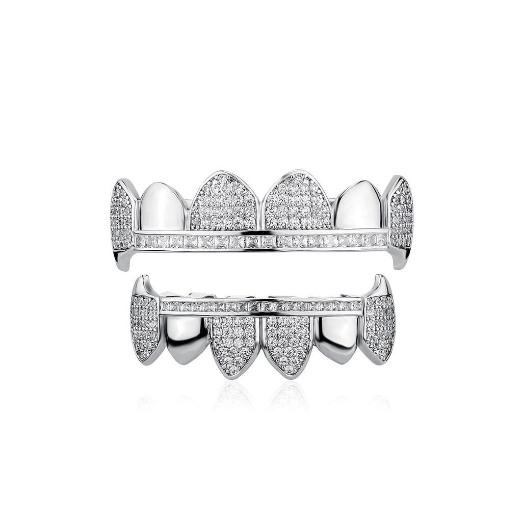 Europäische & Amerikanische Hip Hop Reißzahn-Zahnspangen mit Diamant-Inlay, Gemischtes Oberflächen-Design, Kupfer & Zirkon.