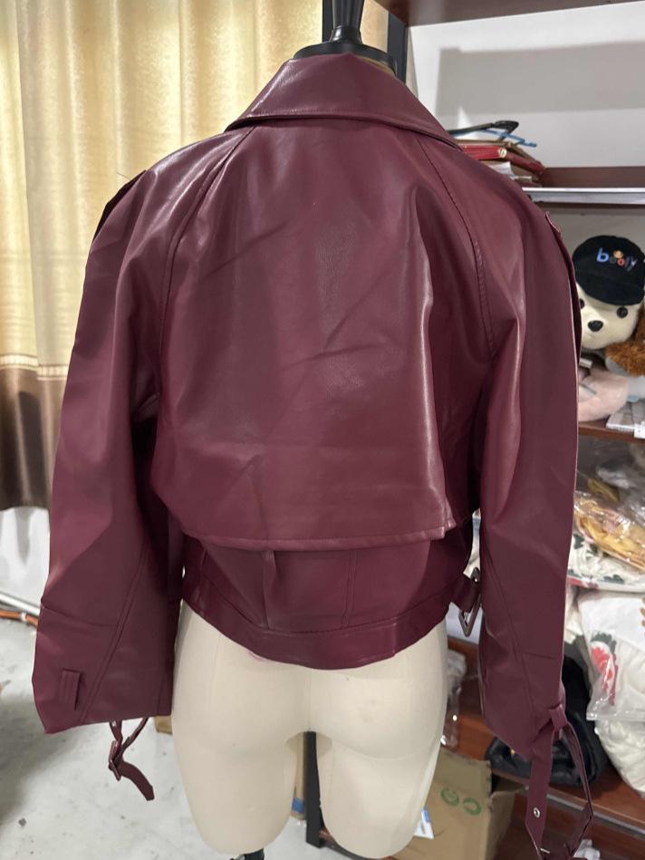 Jachetă 2024 din piele ecologică, cu rever larg, mâneci lungi, stil stradal