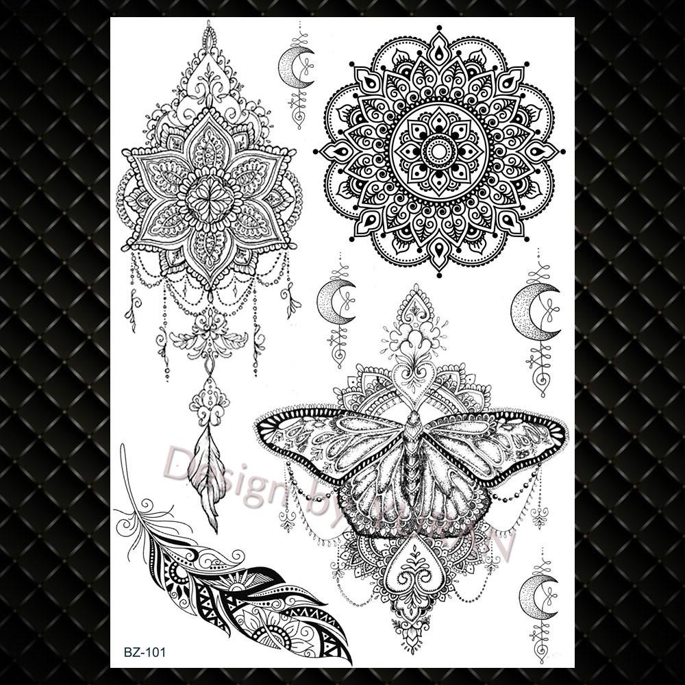 Black Women Forest Boho Wolf Lion Totem Tattoos Stickers Girls Henna Mandala Floral Fake Tatto Temporary Lotus Custom Arm Tattoo
