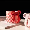 1Pieces Bow Handle Heart Ceramic Mug Creative Bow Handle Design Checkerboard Pattern Mug Coffee Cup Outdoor Tableware