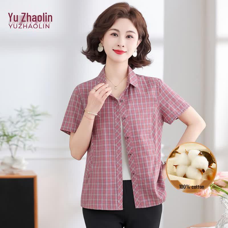 YUZHAOLIN Women s Cotton Plaid Short-Sleeve Shirt 3XL