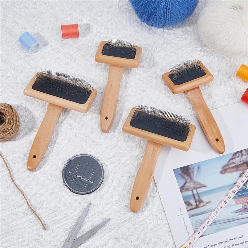 M-Modern-4Pcs Wool Brush Hand Carders Slicker Brush Needle Felting Brush With Solid Wood Handle Wheat Color For Dogs