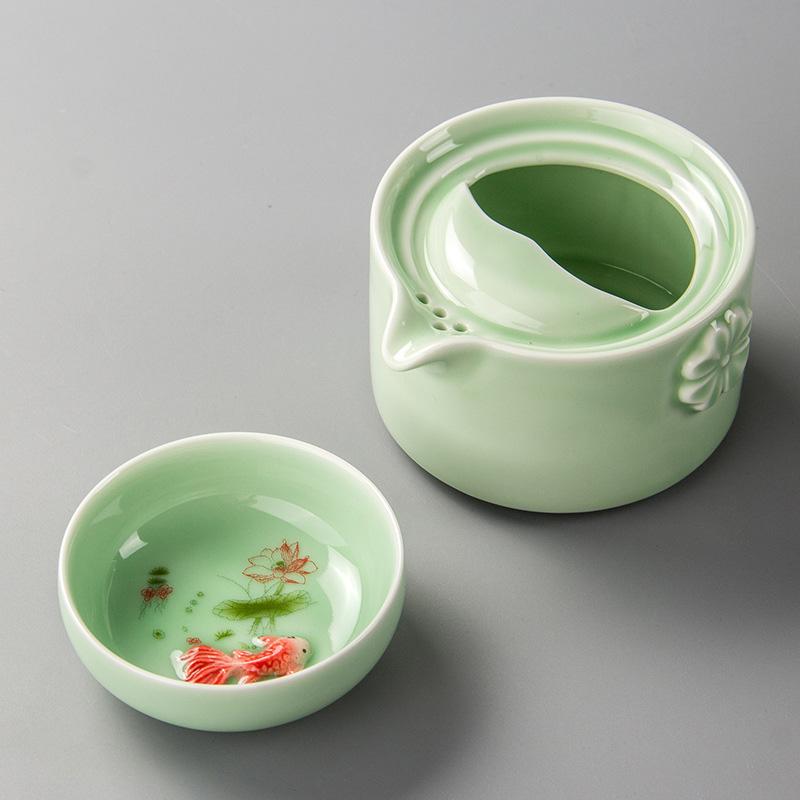 Green Ceramic 3D Carp Gaiwan Tea Set Tea Cup and Saucer Set Chinese Pot Cups and Mugs Teacups Coffeeware Teaware Teeware Teware