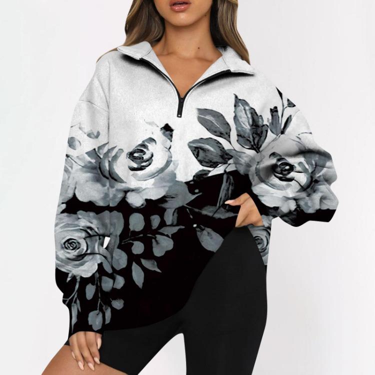 Women's Fashion Casual Oversized Drop Shoulder Floral Print Long Sleeve Zipper Sweatshirts Outdoor