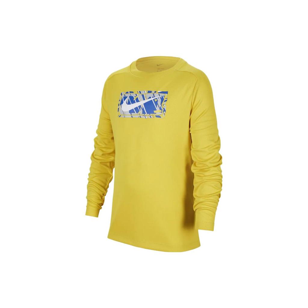 Nike Dri-FIT Multi Logo Print Quick-Dry Long Sleeve T-Shirt Kids Tops Bright-Sulfur-Yellow FD3927-709