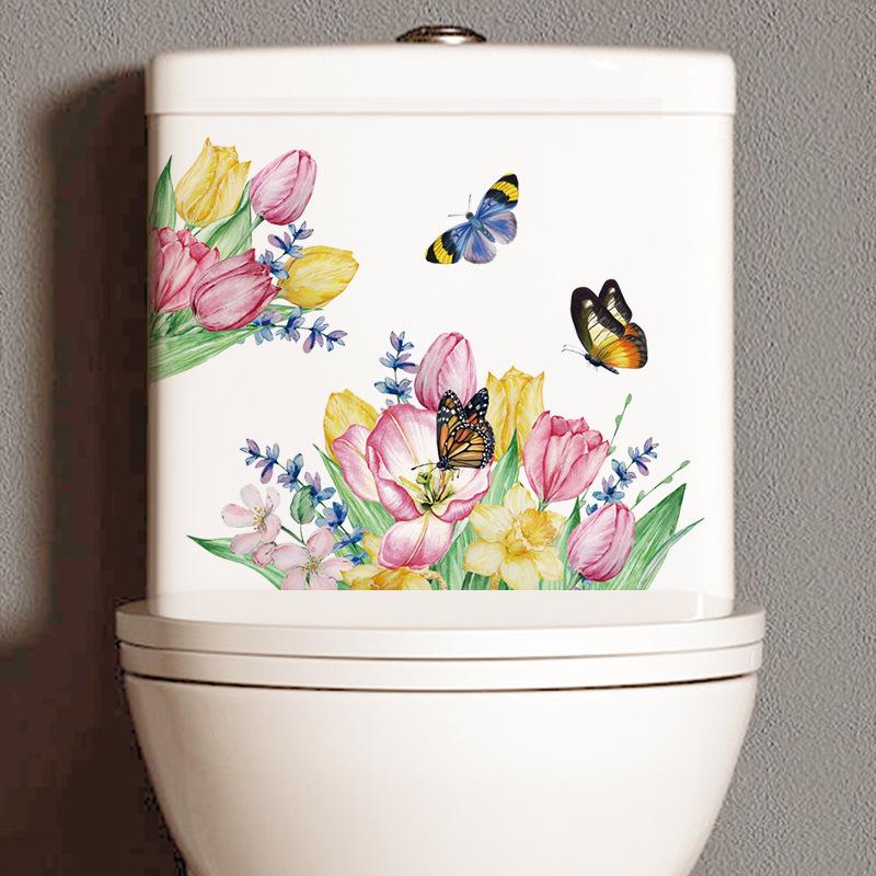 Butterfly Tulip Wall Sticker Waterproof Removable Bathroom Mirror Frame Floral Decor