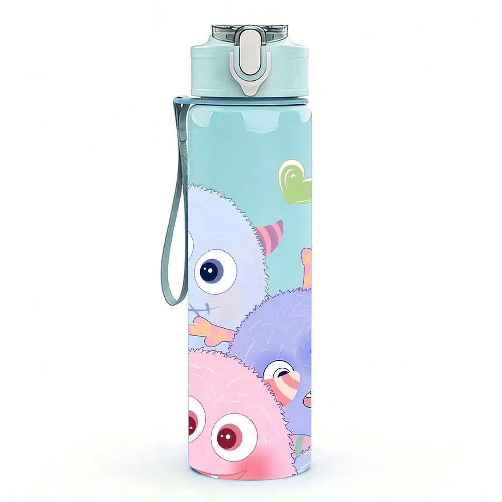 1PC Cute Round Monster Cartoon Print 750ml Color Plastic Sports Water Bottle Leakproof Flip Straw Lid Suitable for Sports Office Home Use