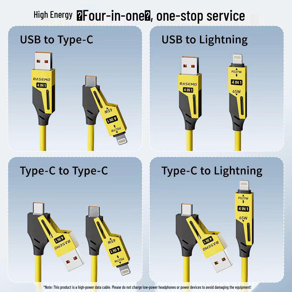 BeiMo 65W+27W Spring Retractable 4-in-1 Data Cable for Apple & Huawei Devices