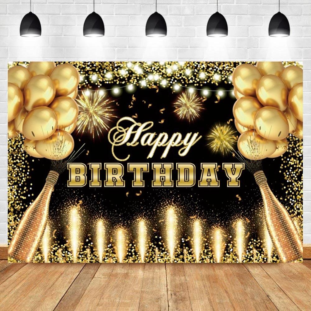 Whisky Vin Joyeux Anniversaire Fond de Photographie Ballons Dorés et Noirs Restaurant Bar Artistique Décor de Salle à Manger Toile de Fond Photo