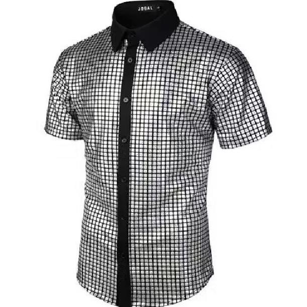 2025 Men'S Formal Dress Shirt Sequin Button Up Shirt Cosplay Costume Lapel Shiny T-Shirt Shirt
