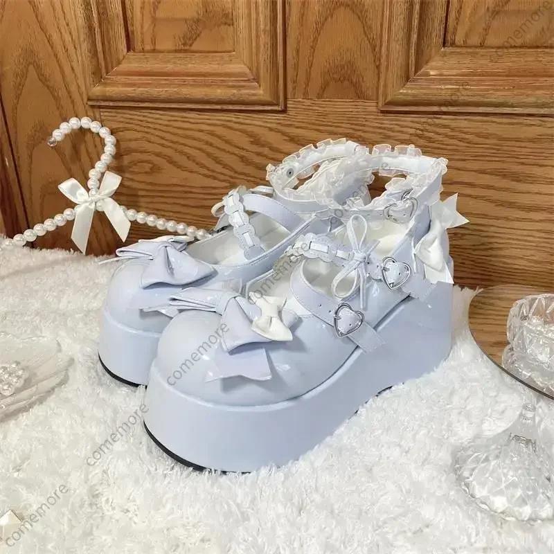 Fashion Lace Bowknot White Lolita Shoes for Women 2025 Heart Buckle Platform Mary Janes Woman Japanese Style Patent Leather Jk Shoes