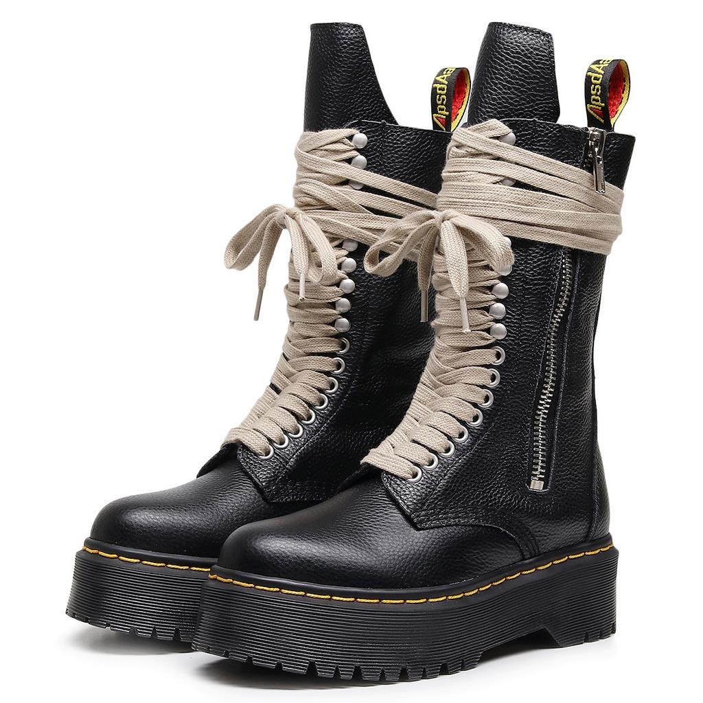 Top layer thick bottom hole locomotive boots women's side zipper lychee pattern long boots leather muffin bottom long tongue