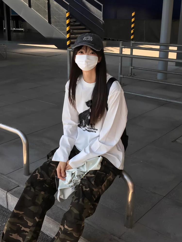 Women's Versatile White Cotton Long Sleeve Puppy Cartoon T-Shirt