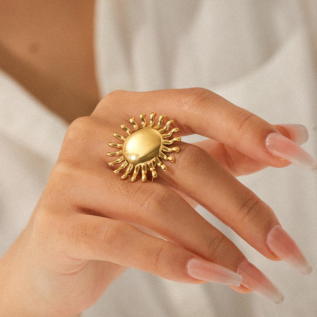 18k Gold Plated Stainless Steel Sunflower Open Ring for Women, Non-fading Versatile Titanium Steel Ring