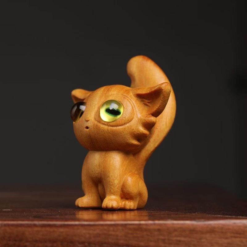 solid wood carving Cartoon Animal Kitten Decorative Small Model Chinese Characteristic Figurines Room car Ornaments