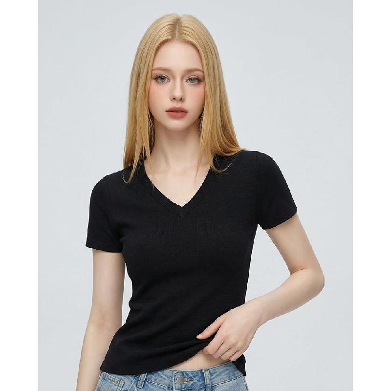 Summer Solid Color V-Neck Slim-Fit T-Shirt for Women, New Slim-Fit Round-Neck Short-Sleeve Top