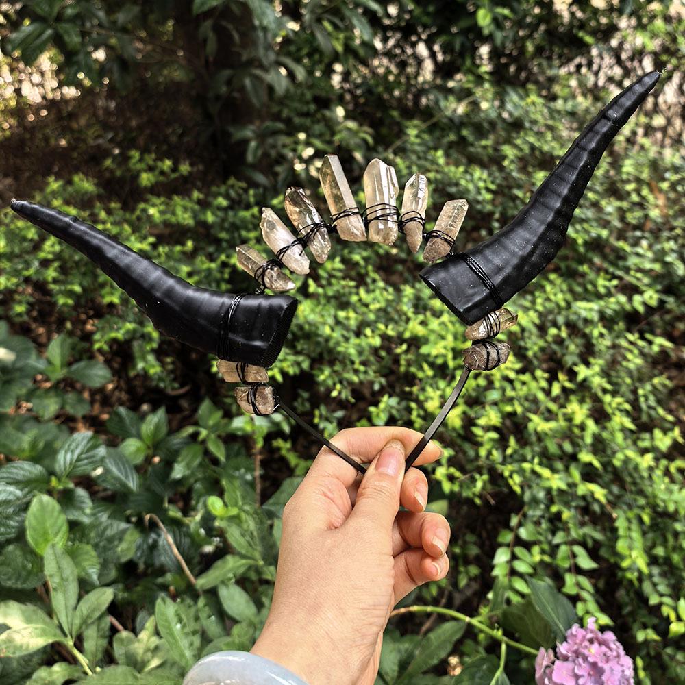 Natural Crystal Sheep & Cow Horn Handmade Headband for Performance & DIY Decoration