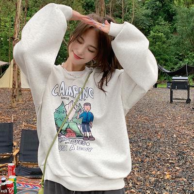 Damen Cartoon Buchstaben Print Hoodie für Herbst Damen Rundhals Übergroß Lässig Langarm Pullover Tops
