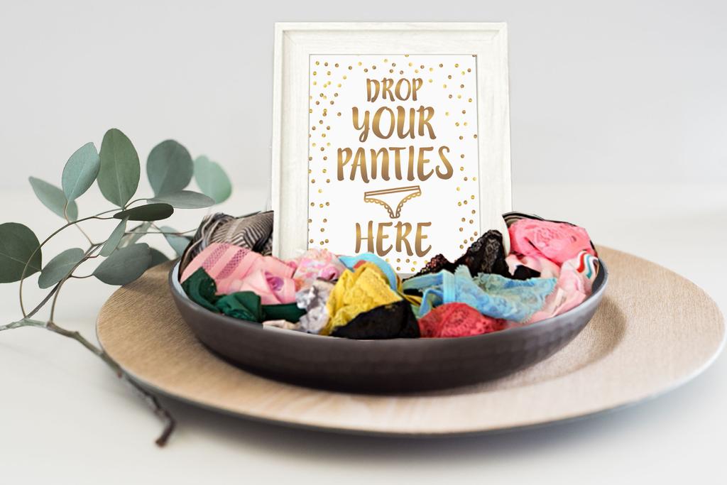 Inkdotpot Bridal Shower Game 1 SignA    30 Size CardsA  White Gold Confetti Girls Night Out Bachelorette Party Drop Your Panties