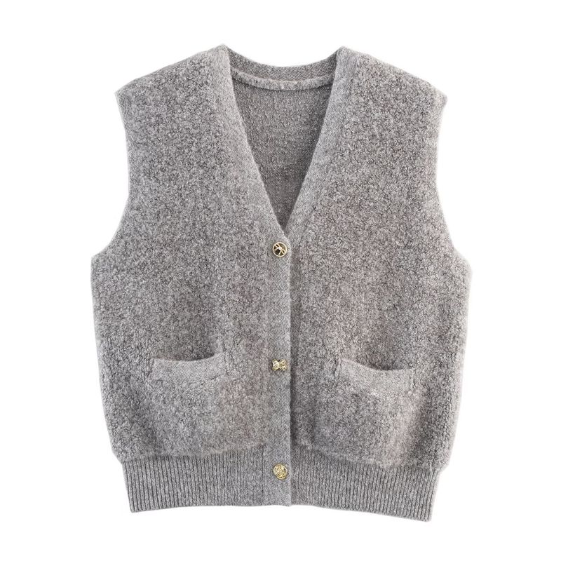 Kaslead New Women clothes Western Style Towel Knitted Classic Style V-neck Pocket Cardigan sweater Vest Vest