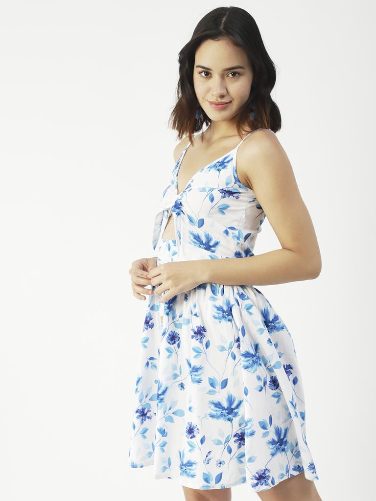 Moomaya Printed Spaghetti Strap Dress, Tie-Knot Knee Length, Flared Dress