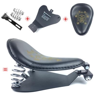 Motorcycle Retro Black Skull Style Leather Solo Saddle Seat Benches + 3" Silver Spring Bracket Mounting Base for Harley