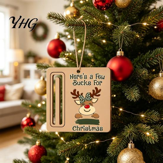 Elk Pattern Xmas Tree Pendants Rustic Santa Reindeer Money Holder Ornament, Wooden Cash Gift Card Creative Ornaments Clip with Slot, Christmas Hanging
