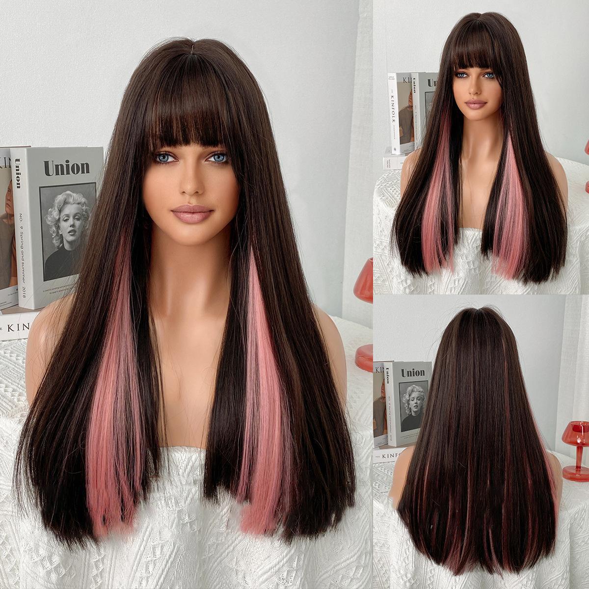 

Женские волосы 58 см, искусственные волосы, длинные прямые волосы, длинные волосы, розовые волосы, сетка для волос, полный головной убор, натуральный и реалистичный парик 58cm 22.83INCH розовый/чёрный