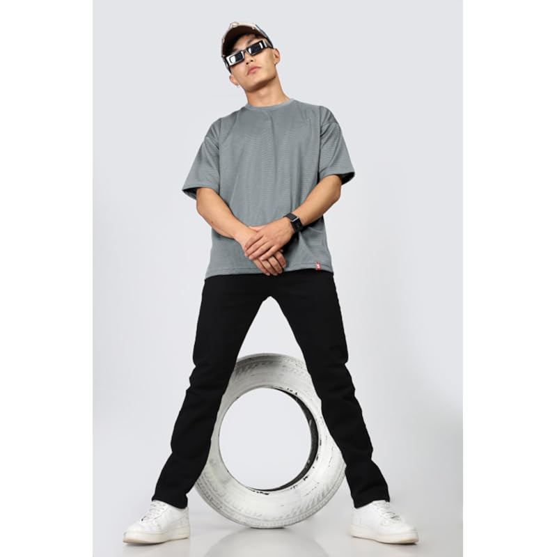 SHODOX Mens Solid Dotted Unique Design Oversized Tshirt for Men - Round Neck Loose Fit Drop Shoulder Mens T-Shirt Grey