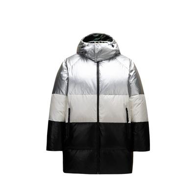 Farbblock Reißverschluss Kapuzenjacke Bequem Atmungsaktiv Mittellang Daunenjacke Damen Oberbekleidung Metallic-Silber Papierweiß 162248922-2
