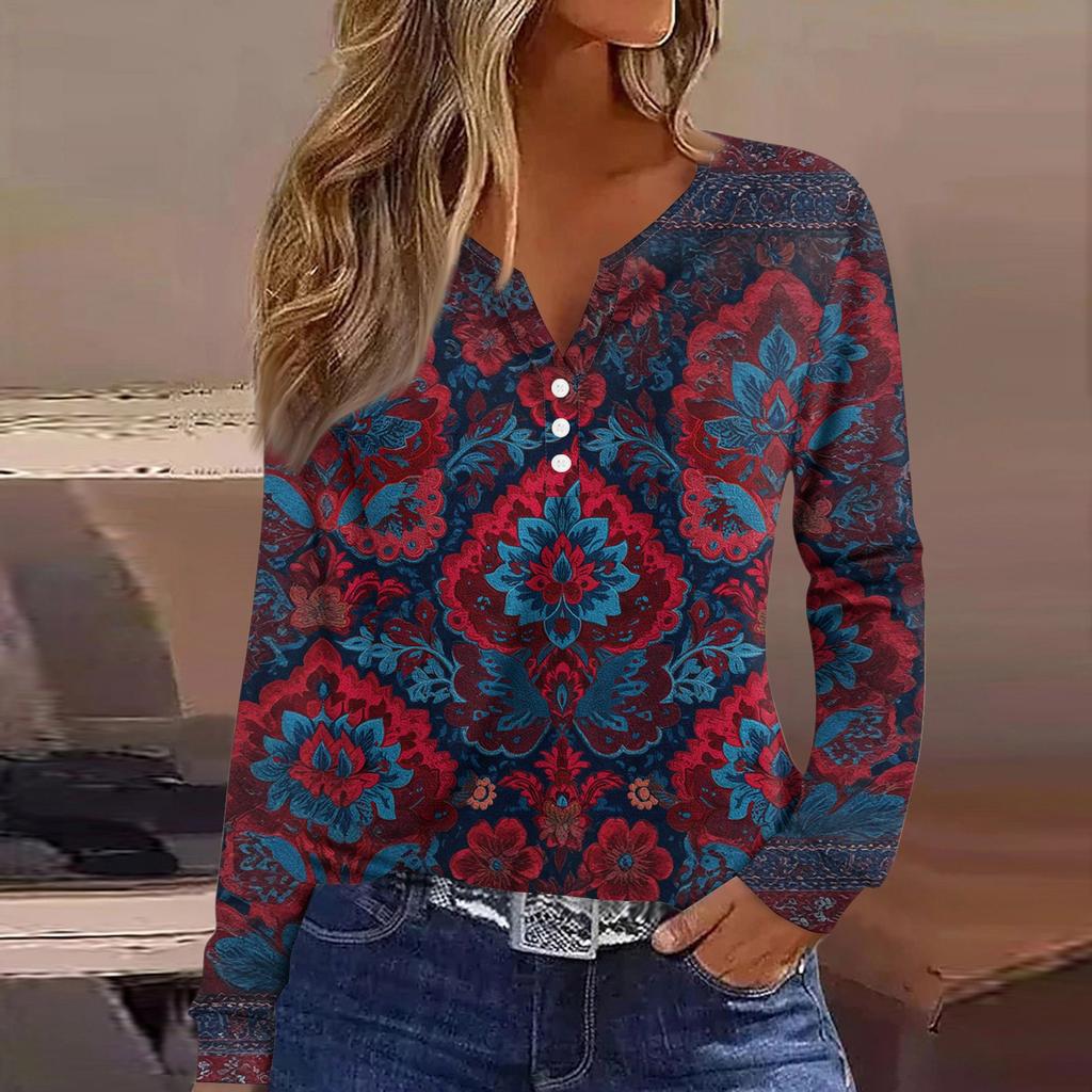 Women's T Shirt Tee Button Long Sleeve Daily Weekend Fashion Basic V- Neck Regular Top