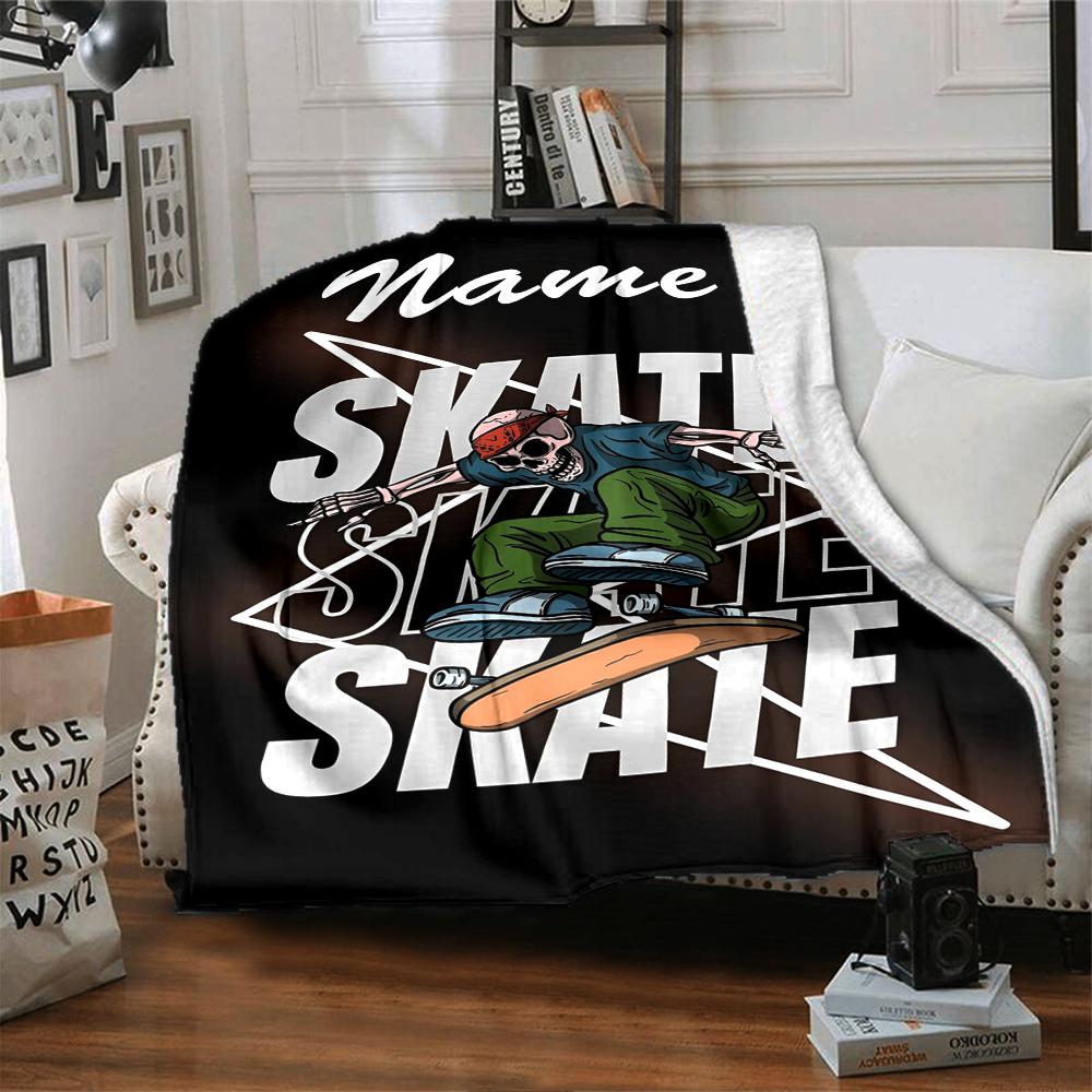 Custom Name skateboard Theme Printed Blanket - Perfect for Couch, Bed, Travel & Outdoor Use | Machine Washable, Cozy & Durable.
