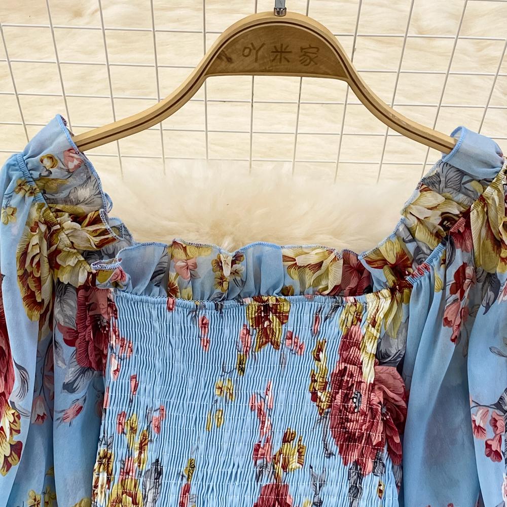 Fashion Set Women's  Long Sleeve Square Neck Slim Fit Chiffon Shirt 2 Two Pieces Suits Sets High Waist Slim Wide L