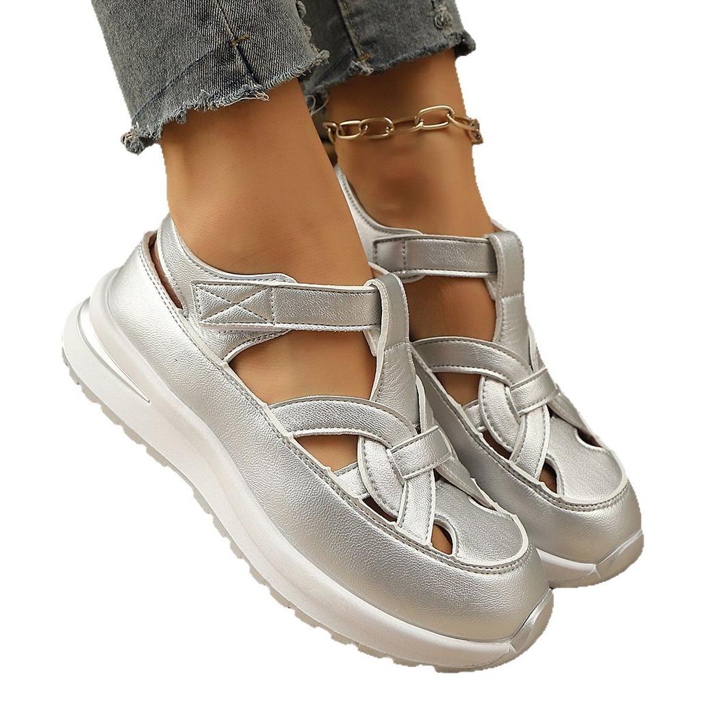 Letní nové sandály na klínku s taškou, duté prodyšné dámské boty pro zahraniční obchod, velká velikost, muffinová silná podrážka, na suchý zip