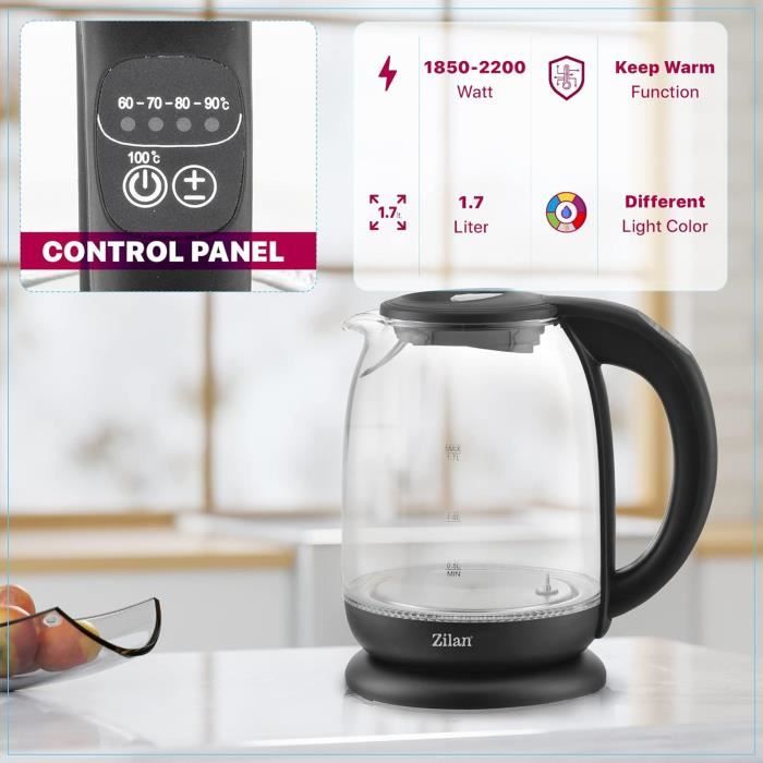 Zilan Bouilloire En Verre À Écran Numérique Et LED,1.7lt,5 Réglages De température,2200W