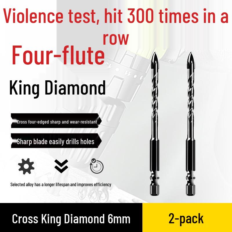 Impact Hex Shank Four-Blade Cross King Drill Bit for Concrete, Tile, and Glass