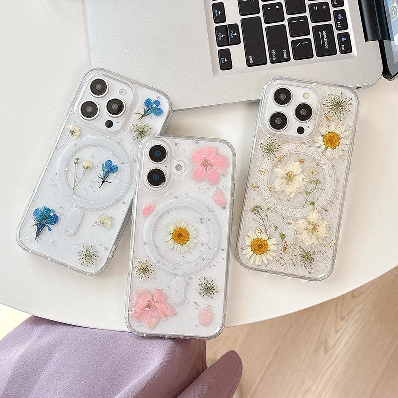Magnetic Magsafe Phone Case for IPhone 17 Promax Flower Glitter for Apple 16 Wireless Charging 14