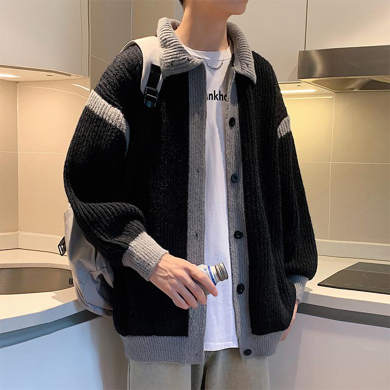 

Куртка контрастного цвета для мужчин, весна-осень, ретро-дизайн, свободный вязаный кардиган, спортивная куртка на молнии с воротником-стойкой 3XL чёрный