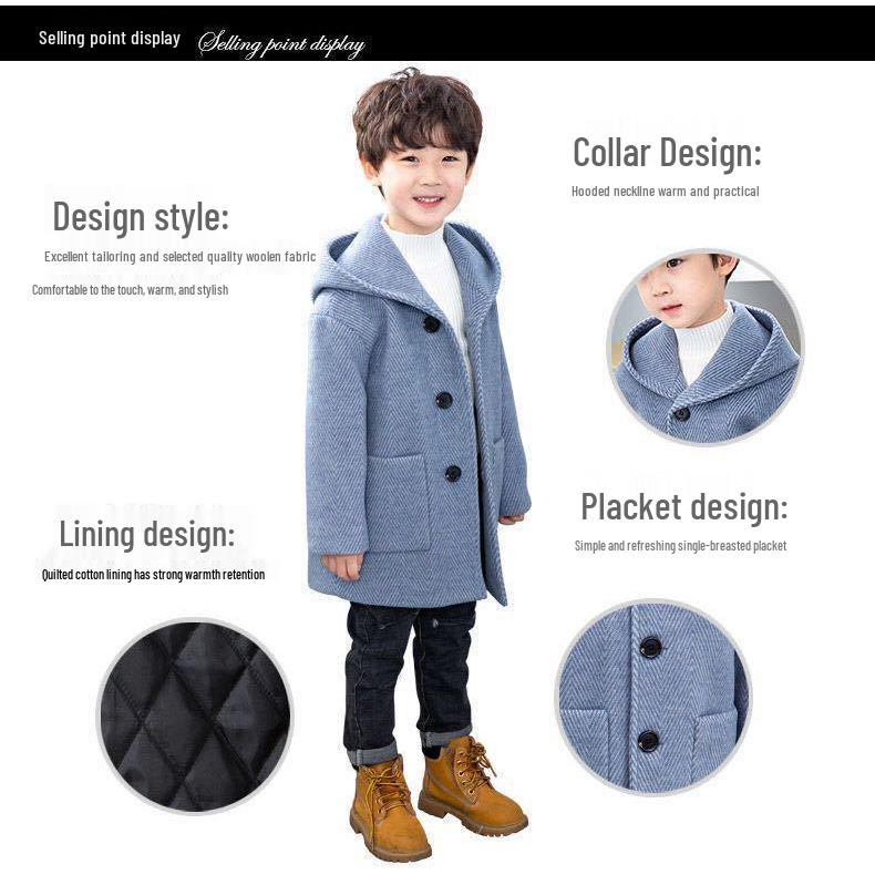 Χειμωνιάτικο μάλλινο παλτό για αγόρια 2023 - Κορεατικό στυλ, μεσαίου μήκους, Μοντέρνα μόδα