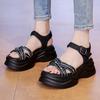 Platform sandals women 2025 summer new muffin versatile open-toed rhinestone soft sole one-word buckle fairy wedge heel shoes