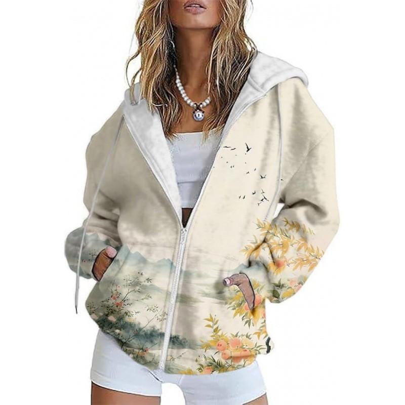 Womens Oversized Hooded Zip-Up Sweatshirt With 3D Printed Winter Casual Loose Fit