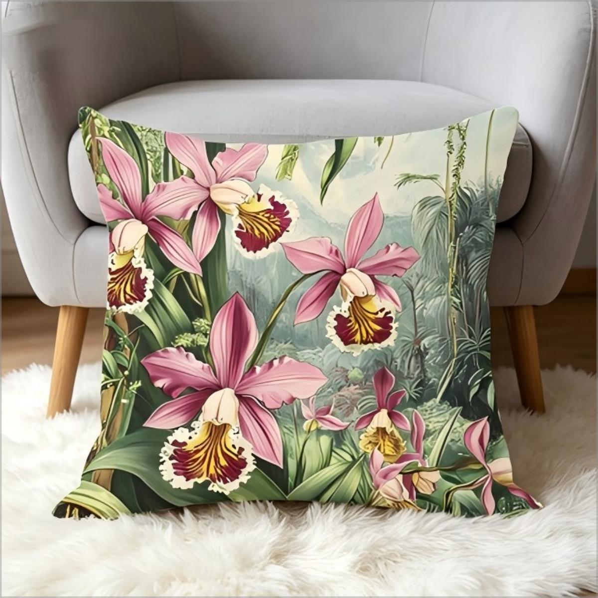 Exquisite Ornaments Unisex Vintage Tropical Orchid Botanical Throw Pillow Cover, Retro Jungle Rainforest Floral Art Print Decorative Cushion For Couch