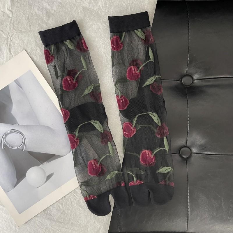 Ultra-Thin Transparent Woman Split Toe Socks Red Cherry Pattern Summer Crystal Silk Hollow Out Sheer Two-Toed Japanese Tabi Sox