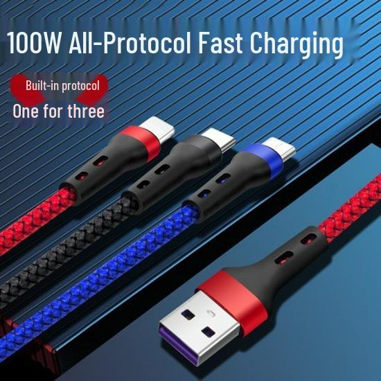 PD100W 3-in-1 Fast Charging Cable for iPhone 15, Android, and LeEco Devices