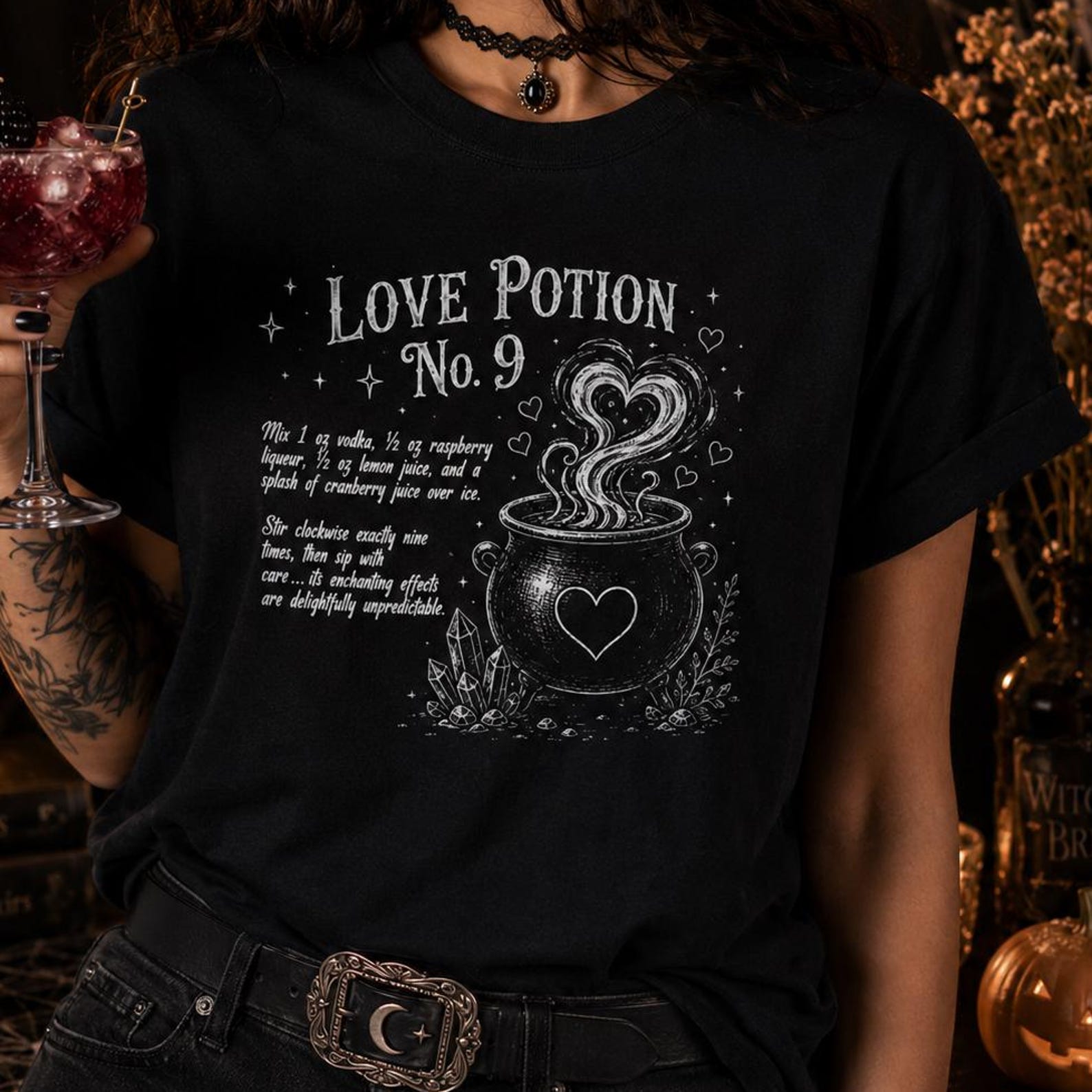 Love Potion No. 9 Halloween Cocktail Recipe Shirt Witchy Tee Spooky Cocktail T-Shirt Gothic Halloween Shirt Witch Gift Whimsy Cauldron S