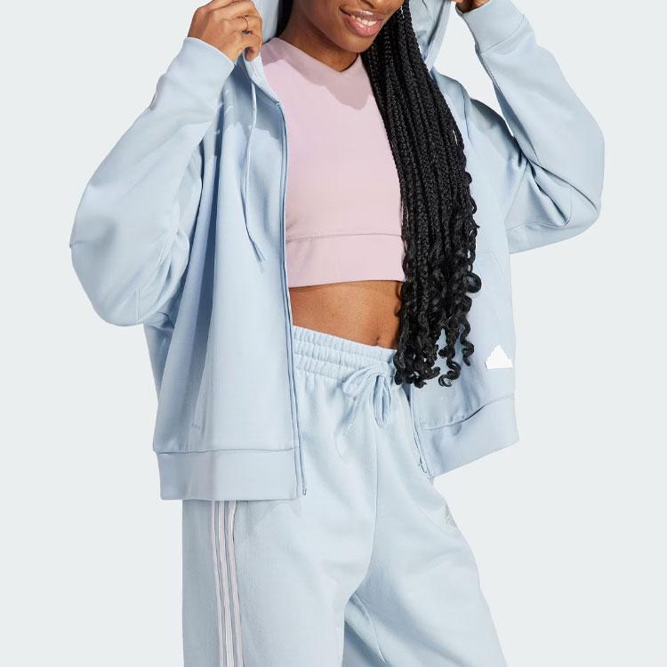 adidas Future Icons Three-Stripe Color Block Full-Zip Hoodie Soft Stretchy Vintage Casual Long Sleeve Outerwear Women Light Blue IL3049