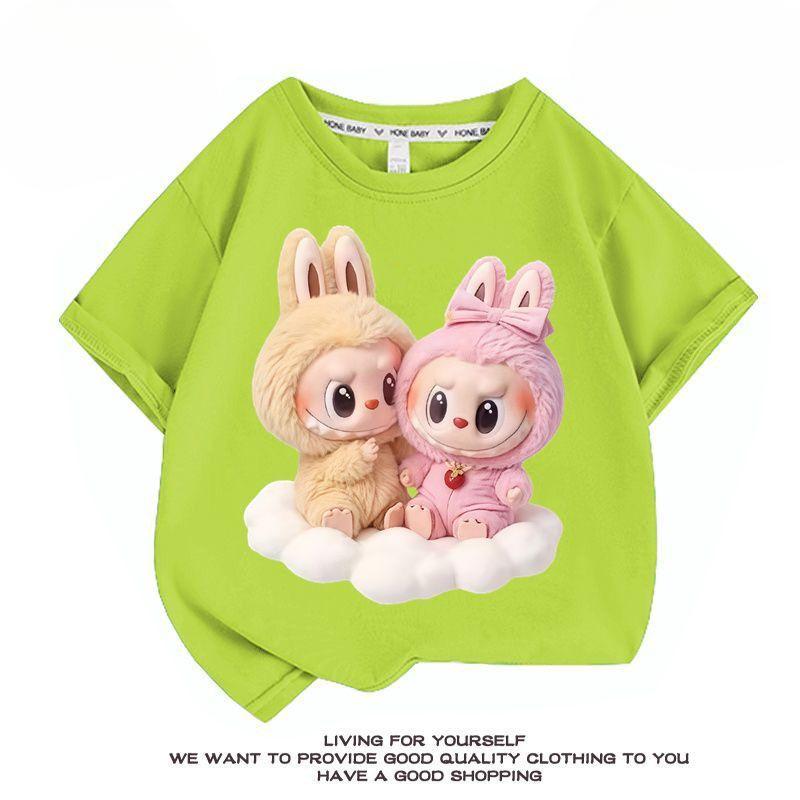 

Cute Pure Cotton Labubu Short-sleeved T-shirt for Girls, Fashionable Round-neck Top for Summer Children 140
