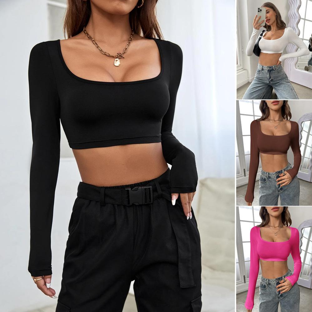 Autumn and winter new European and American women's clothing sports and leisure truncated knitted high elastic long-sleeved t-shirt top