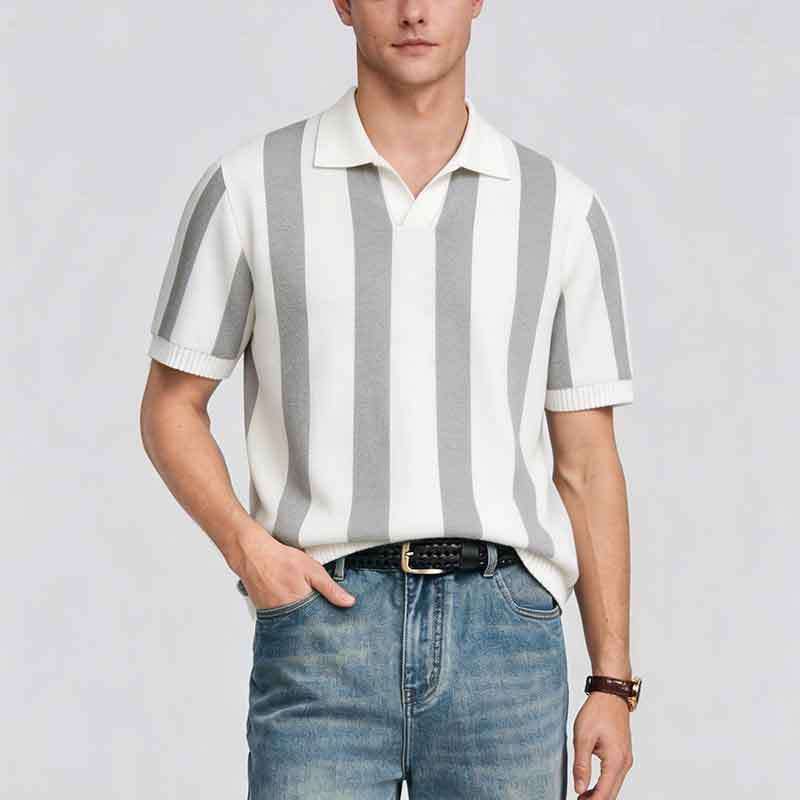 

Mens Vertical Stripe Knit Lapel V Neck Short Sleeve Casual Polo Shirt S сірий