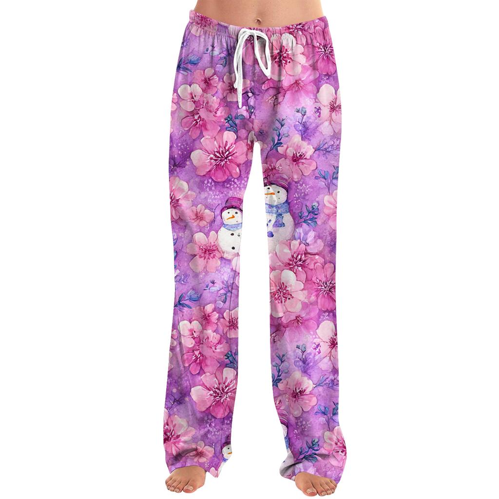 Ladies' Loose And Casual Christmas Printed Wide Leg Pants With Elastic Waistband Drawstring And Pocket Pants